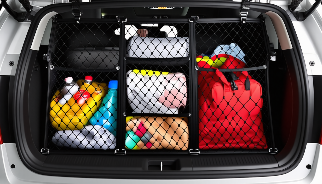 découvrez le filet de coffre, l'accessoire idéal pour un trajet organisé et sans désordre. gardez vos affaires bien arrimées et profitez d'un espace de voiture propre et sûr.
